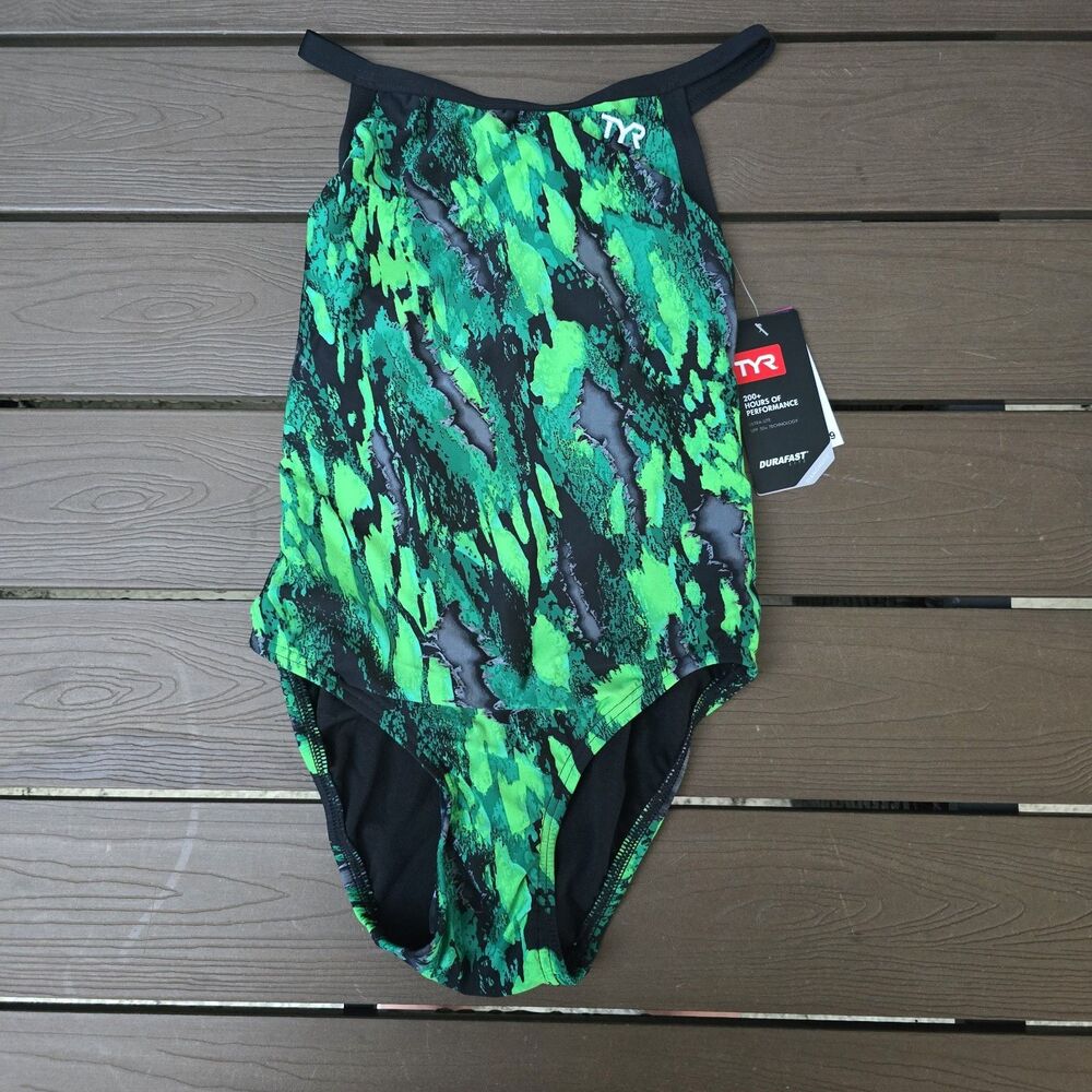 TYR Youth Girl's Durafast Green/black Brandello One Piece Swimsuit Size 26 NEW